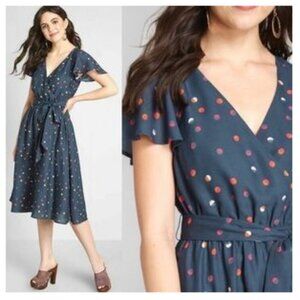 Modcloth 'Fits of Bliss' Dress Navy with Polka Dots Tie Waist Dress Medium